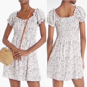 J. Crew Puff Sleeve Peasant‎ Mini Dress 6 white purple floral smocked feminine